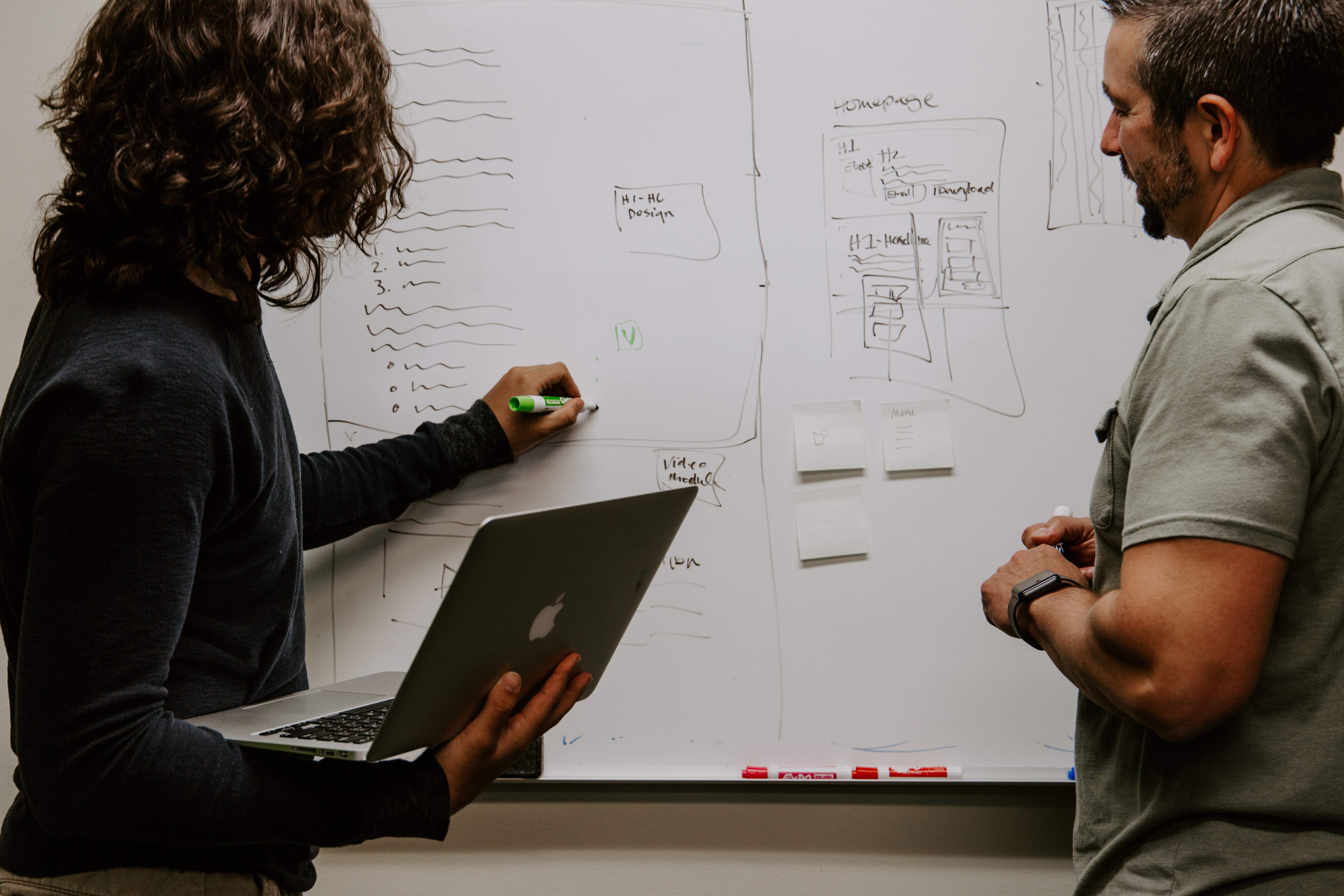 Two people working on a website layout on a whiteboard